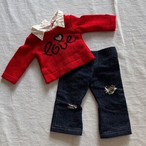 American Girl Grace Doll Red Love Sweater and Dark Blue Jeans Outfit Sequins